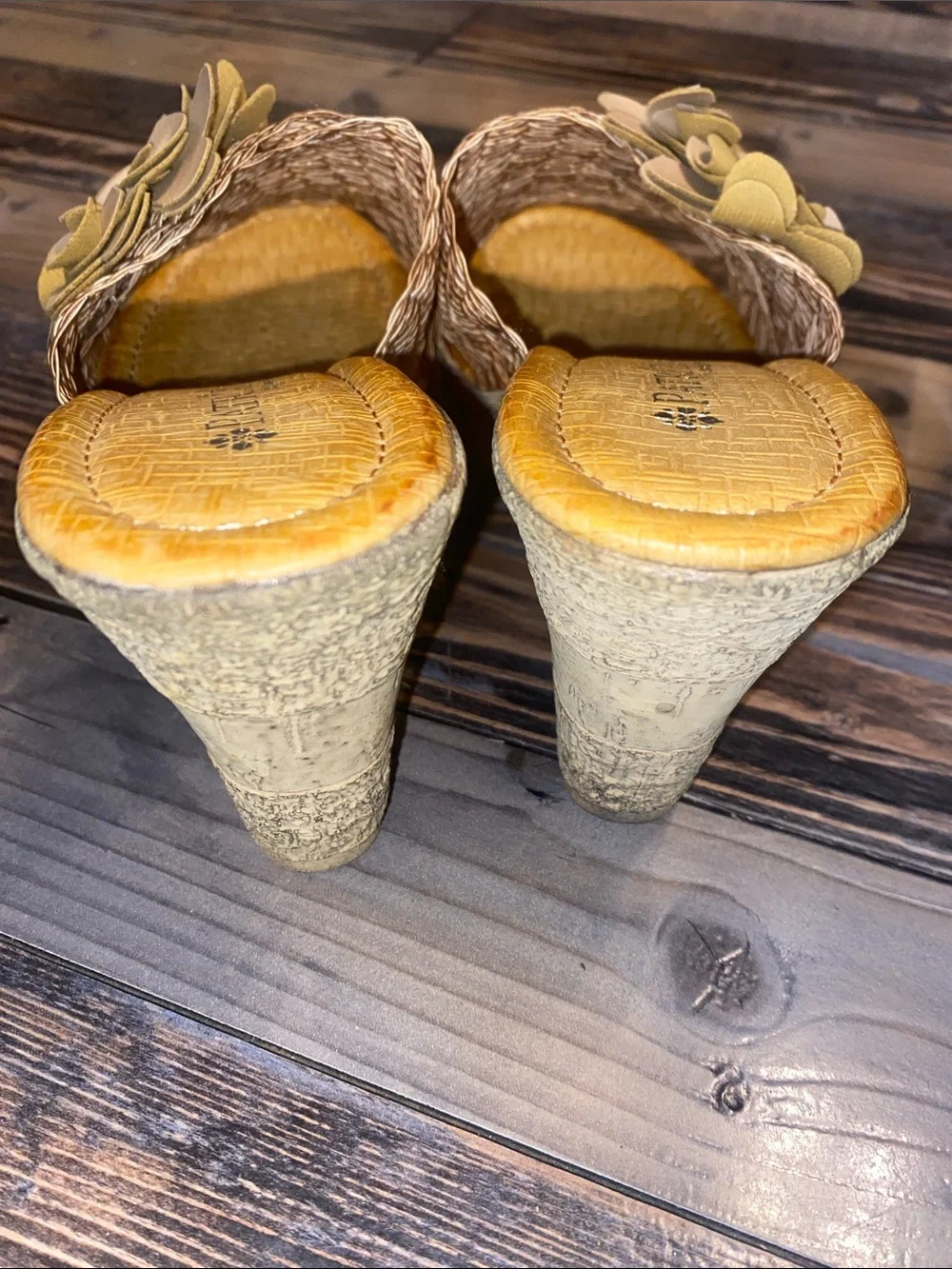 NIB Spring Step Beige Woven Slide Wedges with Flower Accent